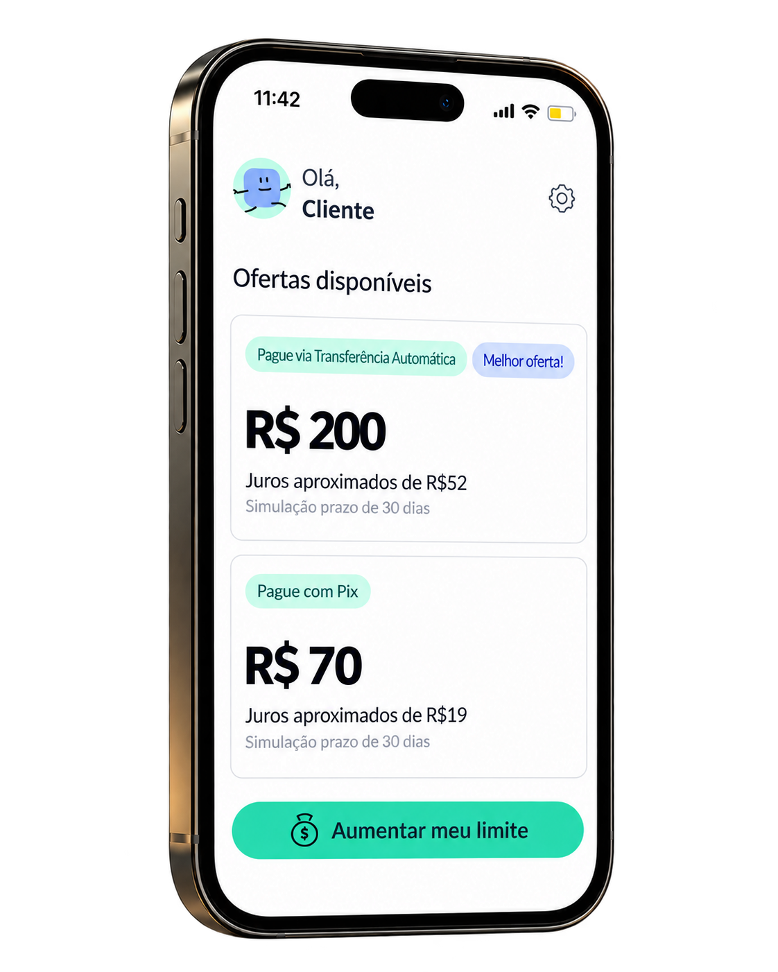 Reprodução ilustrativa de uma tela de ofertas da Facio em um iPhone, com valores e custos apresentados antes de contratar