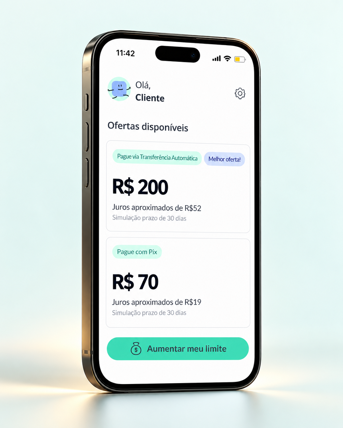 Reprodução ilustrativa de uma tela de ofertas da Facio em um iPhone, com valores e custos apresentados antes de contratar